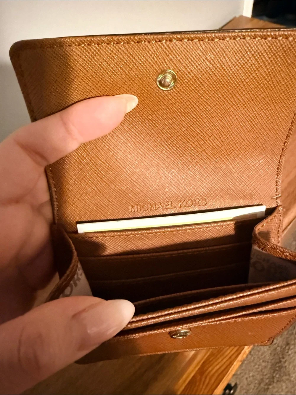 Michael Kors Cognac Saffiano Leather Card Wallet with Gold Logo
